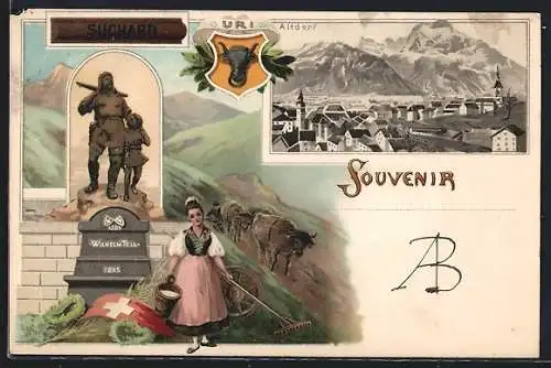 Lithographie Altdorf, Frau vor Wilhelm Tell Denkmal, Reklame Suchard Kakao