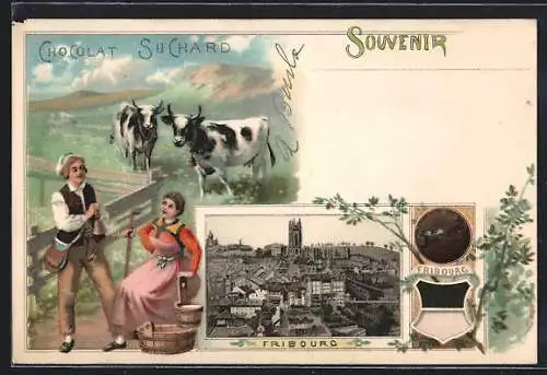 Lithographie Fribourg, Chocolat Suchard, Bauern auf der Kuhweide