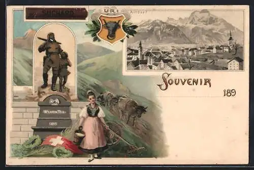 Lithographie Altdorf, Frau vor Wilhelm Tell Denkmal, Reklame Suchard Kakao