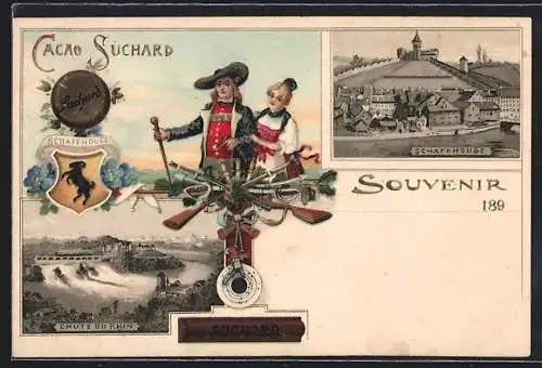 Künstler-AK Schaffhausen, Teilansicht mit Schloss, Rheinfall, Reklame für Cacao Suchard