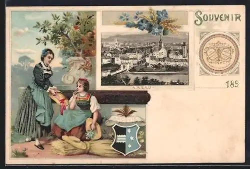 Lithographie Aarau, Teilansicht, Frauen in Trachten u. Wappen, Reklame für Suchard-Kakao