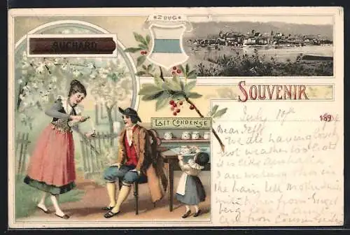 Lithographie Zug, Reklame Suchard & Panorama