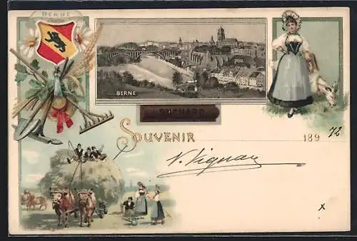 Lithographie Berne, Gesamtansicht, Trachtenbild, Wappen und Reklame Suchard