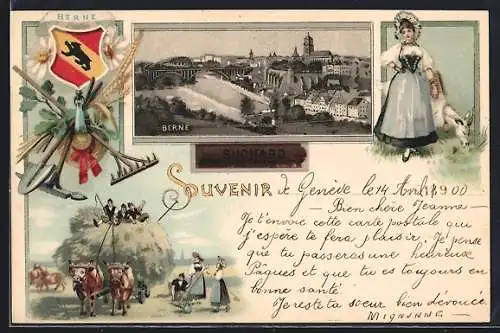 Lithographie Berne, Gesamtansicht, Trachtenbild, Wappen und Reklame Suchard