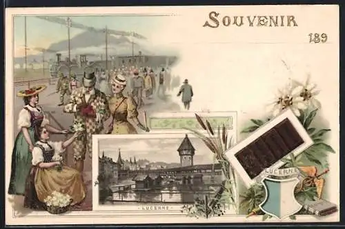 Lithographie Lucerne, Reklame für Suchard-Schokolade, Ortsansicht, Bahnhof mit einfahrendem Zug, Wappen