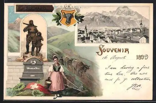 Lithographie Altdorf, Frau vor Wilhelm Tell Denkmal, Reklame Suchard Kakao