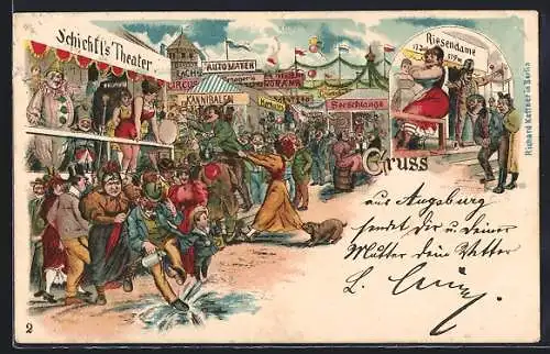 Lithographie Volksfest mit Schichtls Theater und Riesendame