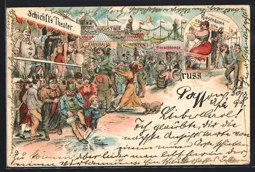 Lithographie Volksfest mit Attraktionen Riesendame undSchichtls Theater