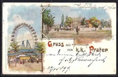 Lithographie Wien, K. K. Prater mit Riesenrad