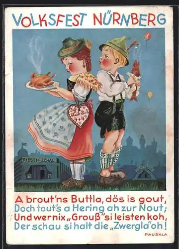 AK Nürnberg, Gruss vom Volksfest, Kleines Paar mit Brathähnchen und Steckerlfisch