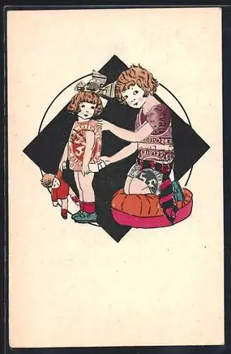 AK Mädchen hilft kleiner Schwester am Ankleiden, Briefmarkencollage