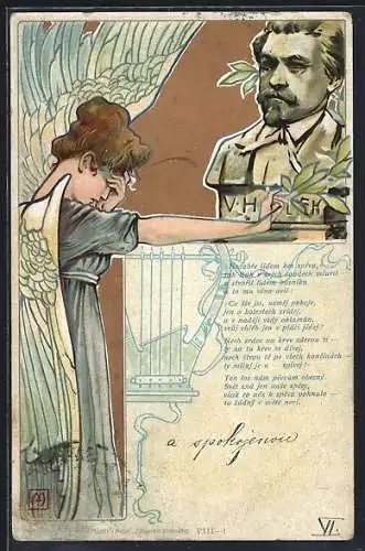 Künstler-AK Trauernder Engel vor Büste eines Prominenten, Jugendstil