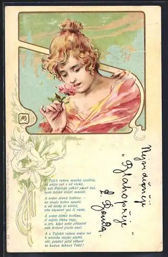 AK Junges Mädchen riecht an einer Blume, Jugendstil