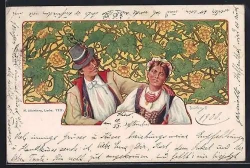 AK Bauernpaar in Tracht steht vor einer Weinranke, Jugendstil