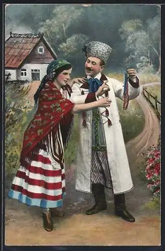 AK Typy polskie, Polnisches Paar vor einem Bauernhaus