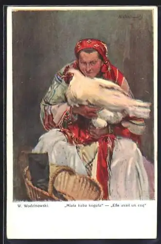 Künstler-AK Miala babay koguta, Polnische Frau in Tracht mit einem Huhn