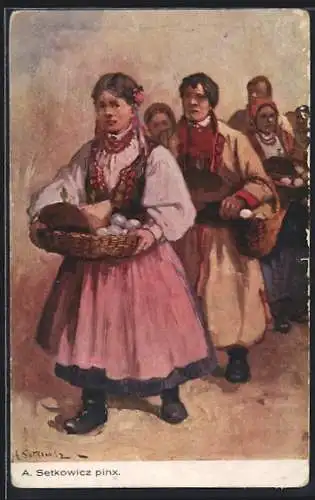 Künstler-AK Polnische Gruppe mit Körben in Trachten