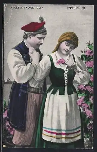 AK Volkstypen aus Polen, Junges Paar in polnischer Tracht