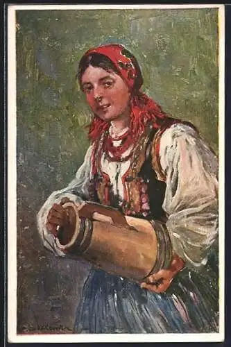 Künstler-AK Polnische Frau mit Holzkrug