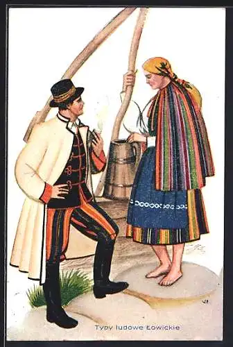 Künstler-AK Junges polnisches Paar am Wasserbrunnen