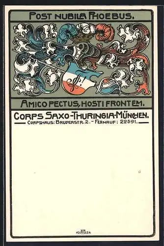 Künstler-AK München, Corps Saxo-Thuringia, Studentenwappen