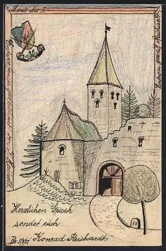 Künstler-AK Handgemalt: Esslingen / Neckar, Ortsansicht mit Studentenwappen