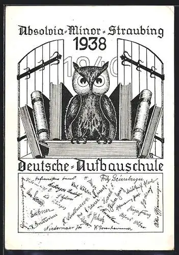 Künstler-AK Straubing, Absolvia 1938, Deutsche Aufbauschule, Eule