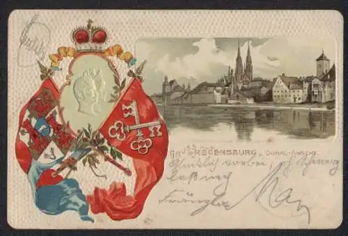 Passepartout-Lithographie Regensburg, Donau-Ansicht, Kirche, Wappen, Flaggen, Krone, geprägt