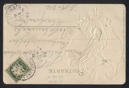 Passepartout-Lithographie Regensburg, Donau-Ansicht, Kirche, Wappen, Flaggen, Krone, geprägt