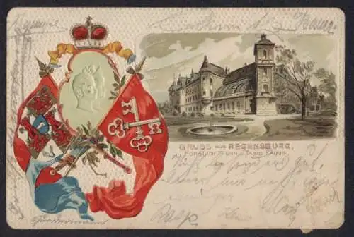 Lithographie Regensburg, Fürst Albert von Thurn & Taxis, Fürstl. Thurn & Taxis Palais, Fahnen