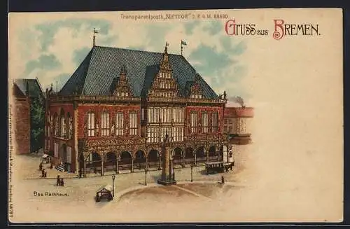 Lithographie Bremen, Strassenpartie am Rathaus, Halt gegen das Licht