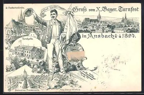 Lithographie Ansbach, X. Bayer. Turnfest 1897, Teilnehmer winkt, Turnhalle u. Promenade, Ganzsache Bayern PP7 C2