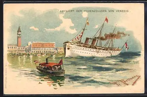 Künstler-AK Friedrich Perlberg: Venedig, Abfahrt der Hohenzollern, der Staatsyacht des Deutschen Reiches