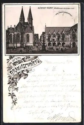 Vorläufer-Lithographie Braunschweig, Altstad-Markt nebst Brunnen aus dem Jahre 1409