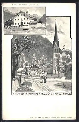 Künstler-AK F.A.C.M. Reisch: Längenfeld /Ötzthal, Gasthaus v. Dr. Gstrein, Blick auf die Kirche