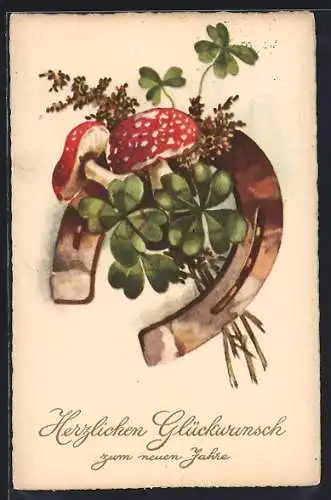 AK Neujahrsgruss mit Hufeisen, Fliegenpilzen und Klee