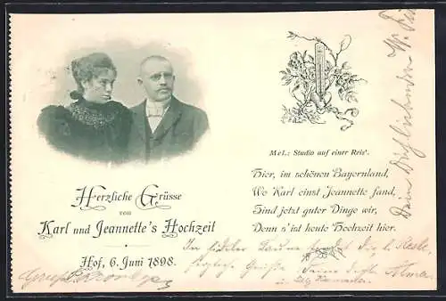 AK Hof, Hochzeit von Karl und Jeannette am 6.6.1898
