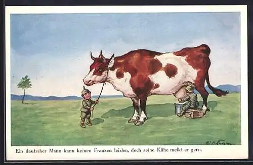Künstler-AK Ad. Hoffmann: Kleine deutsche Soldaten melken eine französische Kuh