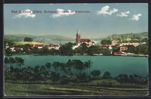 AK Bad Buckow /Märk. Schweiz, Partie am Buckowsee mit Kirche