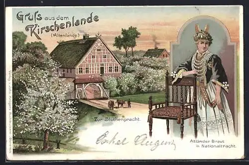 Lithographie Jork, Zur Blütenpracht, Altländer Braut in Nationaltracht