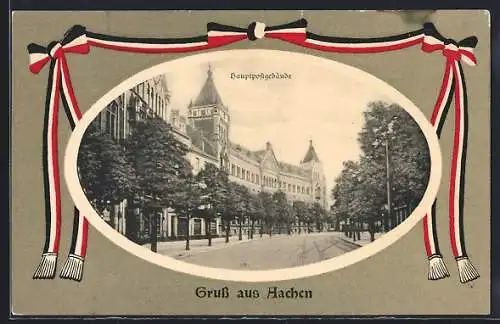 AK Aachen, Strassenpartie am Hauptpostgebäude, Nationalfahnenband