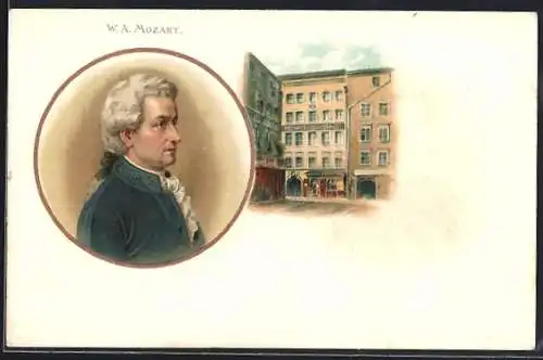 Lithographie Porträt Wolfgang Amadeus Mozart, Geburtshaus in Salzburg