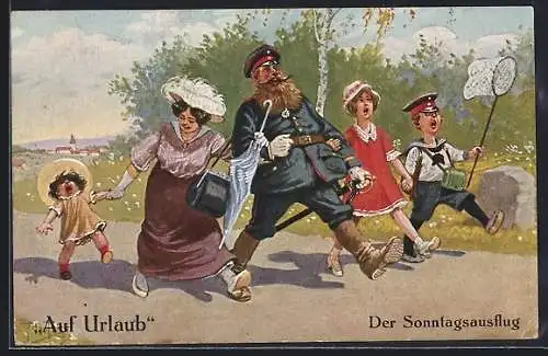 Künstler-AK A. Thiele: Auf Urlaub, Soldat während eines Sonntagsausfluges mit der Familie