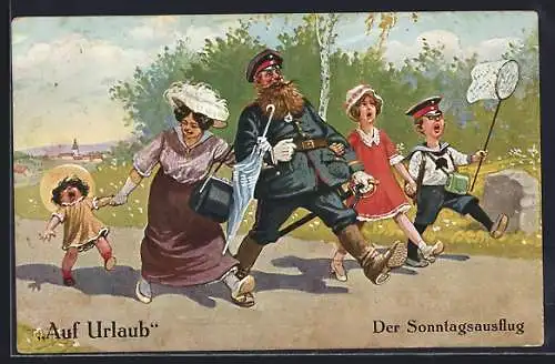 Künstler-AK A. Thiele: Auf Urlaub, Soldat während eines Sonntagsausfluges mit der Familie
