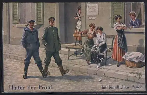 Künstler-AK Arthur Thiele: Hinter der Front, Im feindlichen Feuer, Soldatenhumor