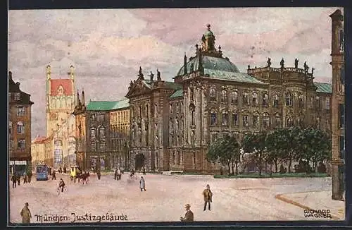 Künstler-AK Charles F. Flower: München, Strassenpartie am Justizgebäude