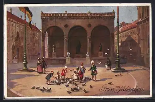 Künstler-AK München, Kinder füttern Tauben am Odeonsplatz