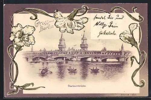 Lithographie Berlin-Friedrichshain, Blick auf die Oberbaumbrücke