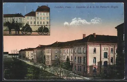 AK Landau / Pfalz, Kaserne d. k. b. 12. Feldart.-Regts., Pferdegespann mit Geschütz