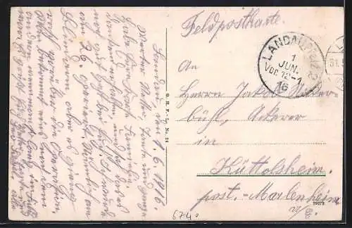 AK Landau / Pfalz, Kaserne d. k. b. 12. Feldart.-Regts., Pferdegespann mit Geschütz